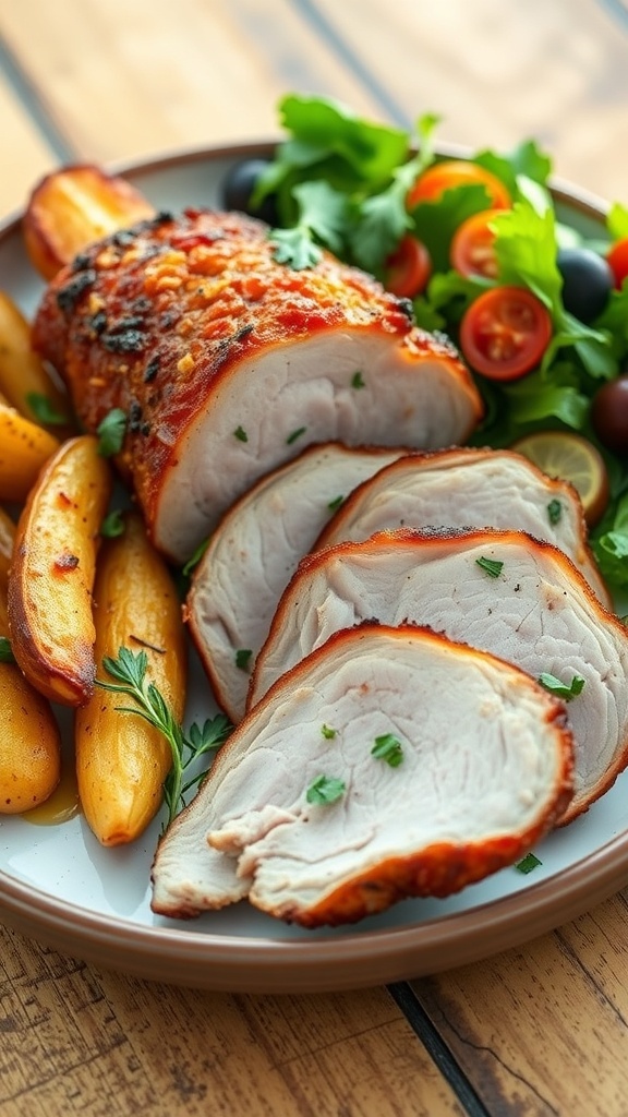 Slices of crispy air fryer pork neck garnished with herbs, served with roasted vegetables on a rustic table.